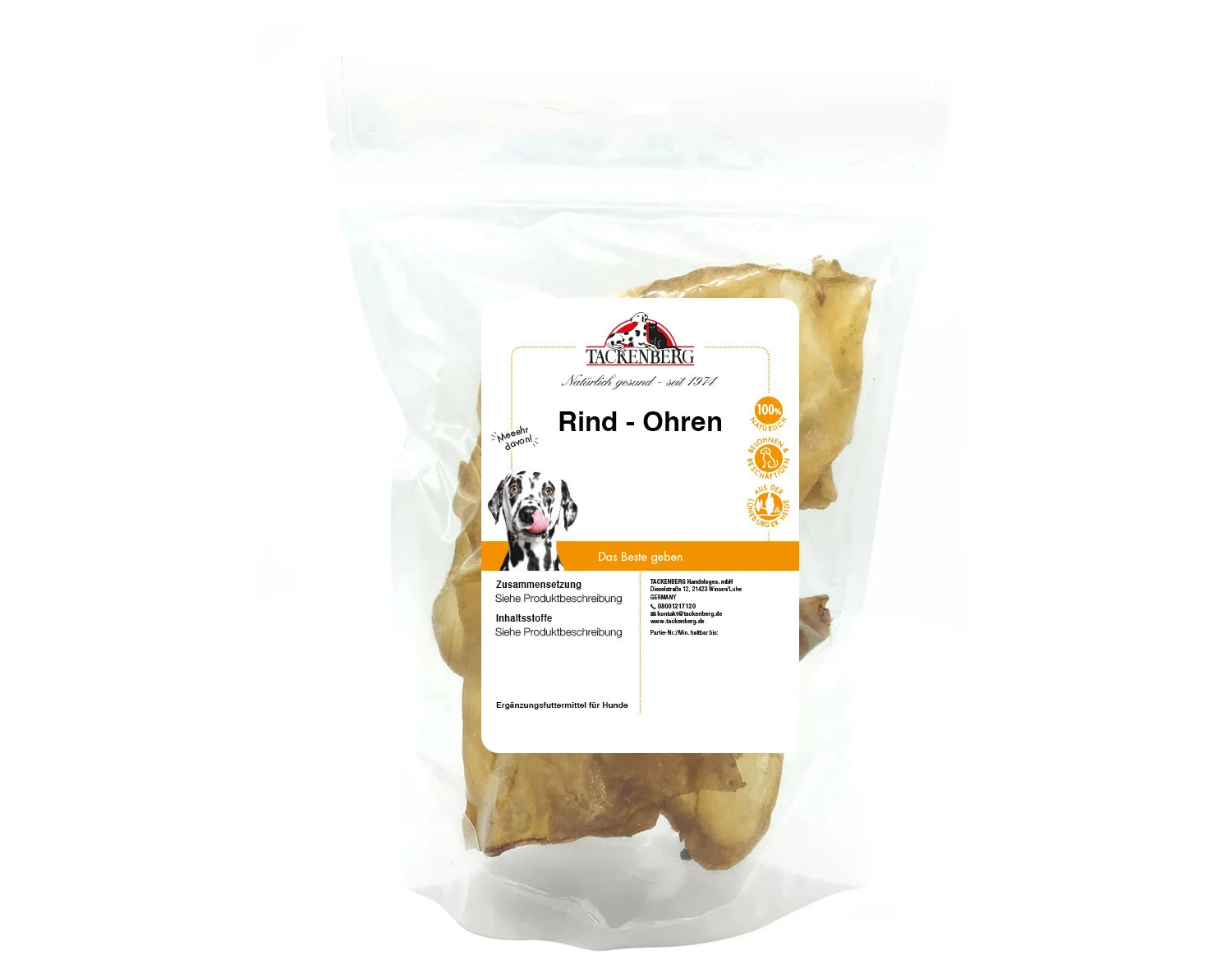 Hundesnack Rind Ohren 250g in transparenter Verpackung mit weißem Etikett, ideal für natürliche Kausnacks für Hunde. Kategorie: Hundeleckerlis.