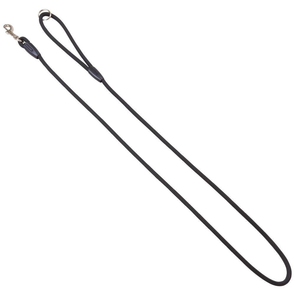 Schwarze Moxon Handführleine aus robustem Nylon mit Handschlaufe und Metallkarabiner. Ideal für Hundeausflüge und Training.
