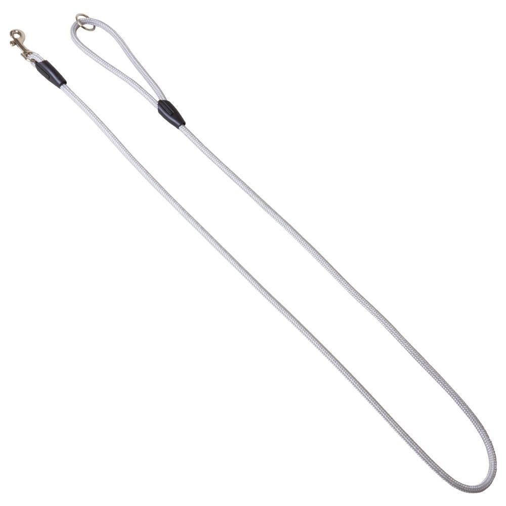 Weiße Moxon Handführleine mit reflektierendem Nylonseil und stabilem Karabinerhaken. Perfekt für sicheres Gassigehen bei Dunkelheit.