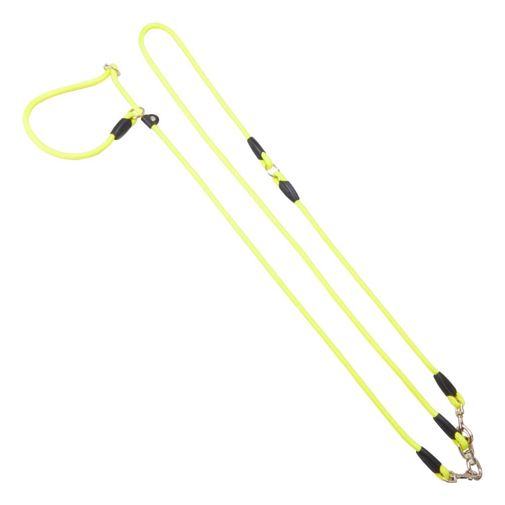 Neongelbe Moxon Umhängeleine mit Halsband für bessere Sichtbarkeit. Praktisch für Hundetraining und Spaziergänge bei Dunkelheit.