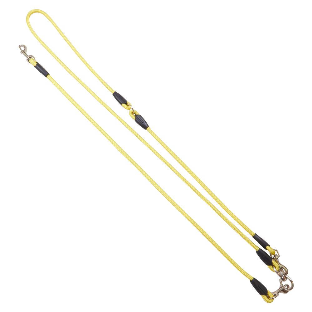Gelbe Moxon Umhängeleine für Hunde mit schwarzem Zubehör. Praktisch für aktive Hundebesitzer im Alltag.