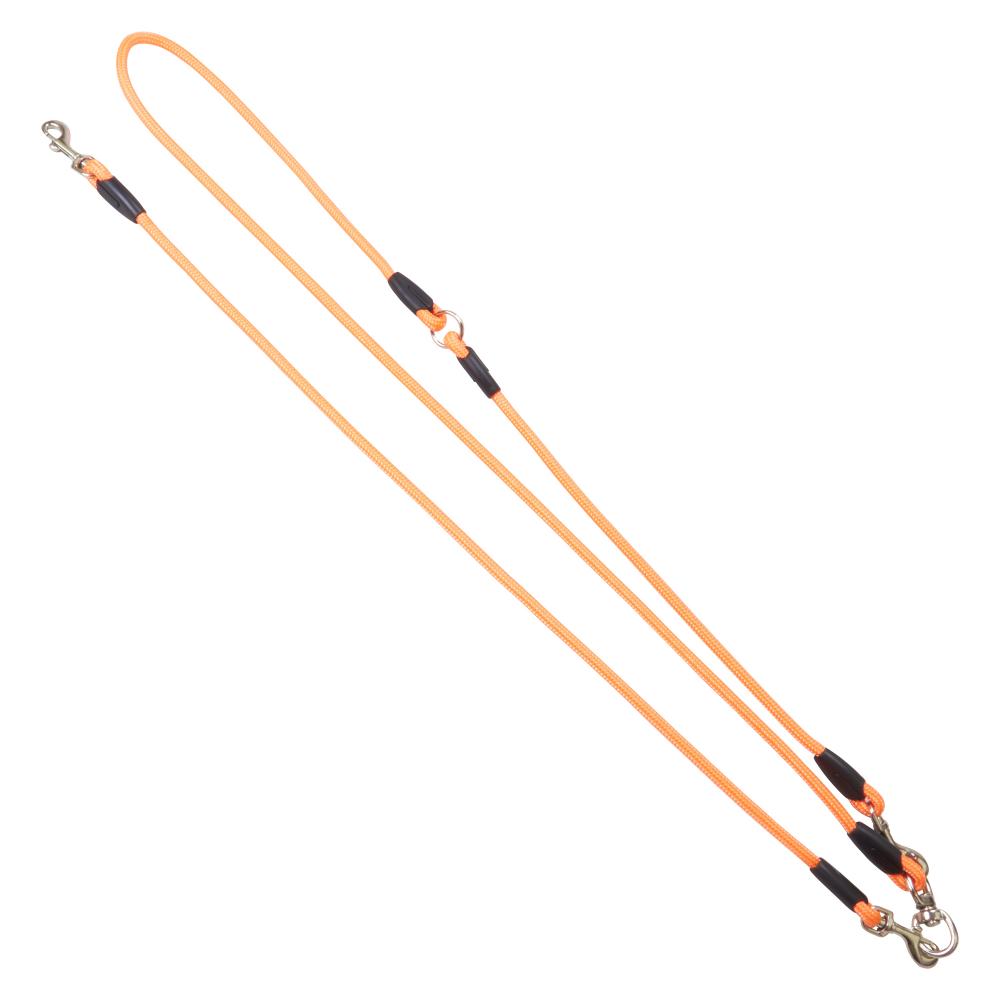 Orangefarbene Moxon Umhängeleine für Hunde mit stabilen Karabinern. Komfortable Leine für sportliche Aktivitäten.