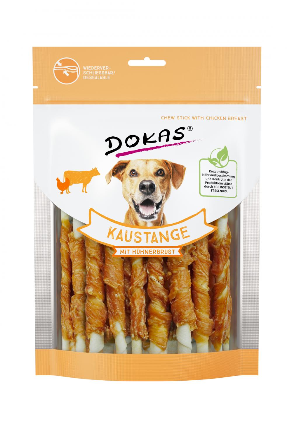 DOKAS Kaustange mit Hühnerbrust 200g Hundesnack in wiederverschließbarer Verpackung mit getrocknetem Hühnerfleisch um Kaustangen gewickelt.