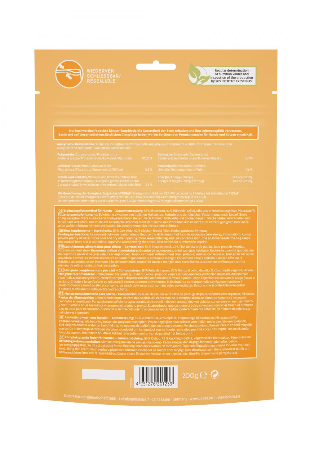 Rückseite der DOKAS Kaustange mit Hühnerbrust 200g Hundesnack-Verpackung mit detaillierten Inhaltsstoffen und Fütterungsempfehlung.