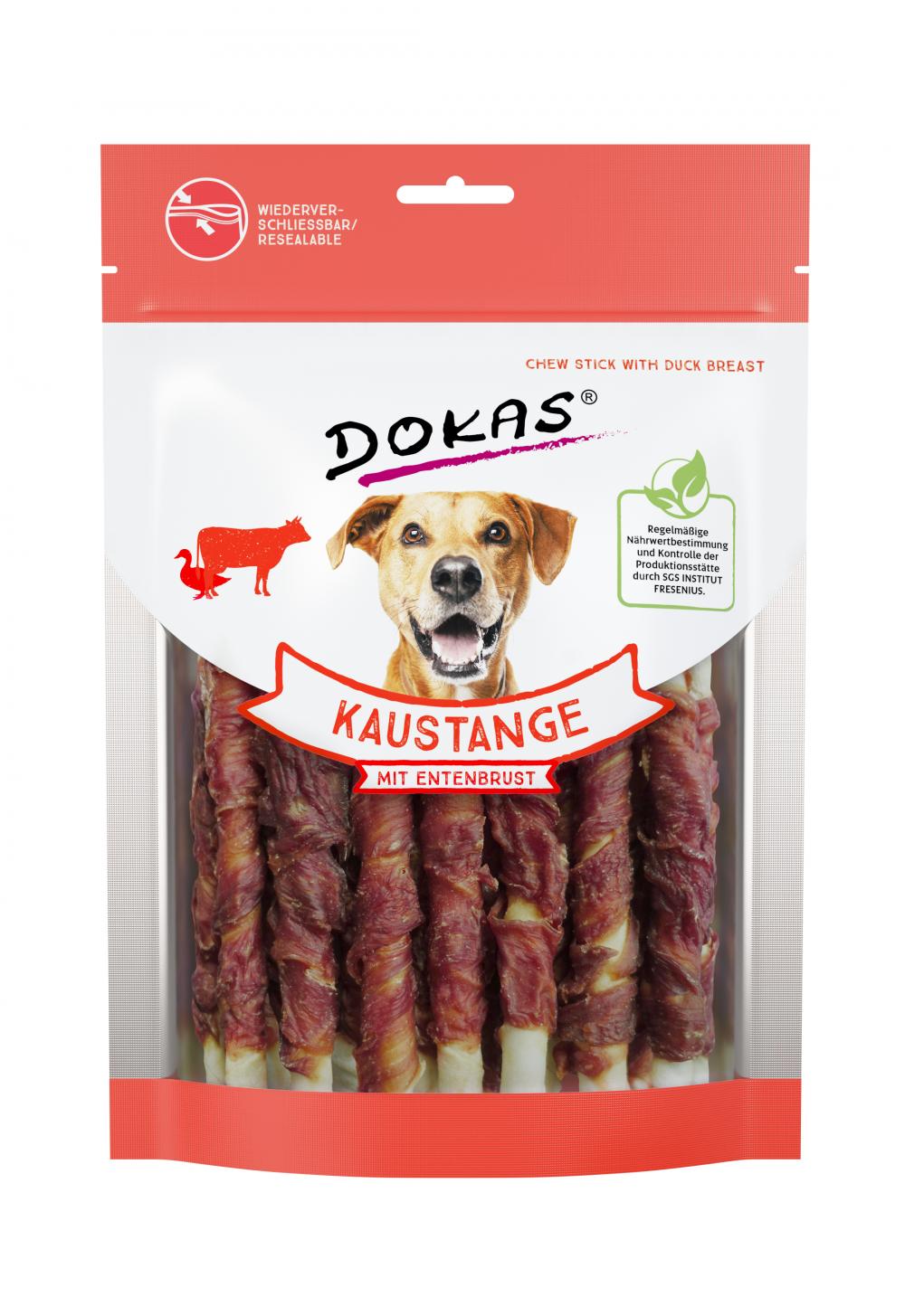 DOKAS Kaustange mit Entenbrust 200g Hundesnack in wiederverschließbarer Verpackung, ideal für Hunde als proteinreicher Kauspaß.