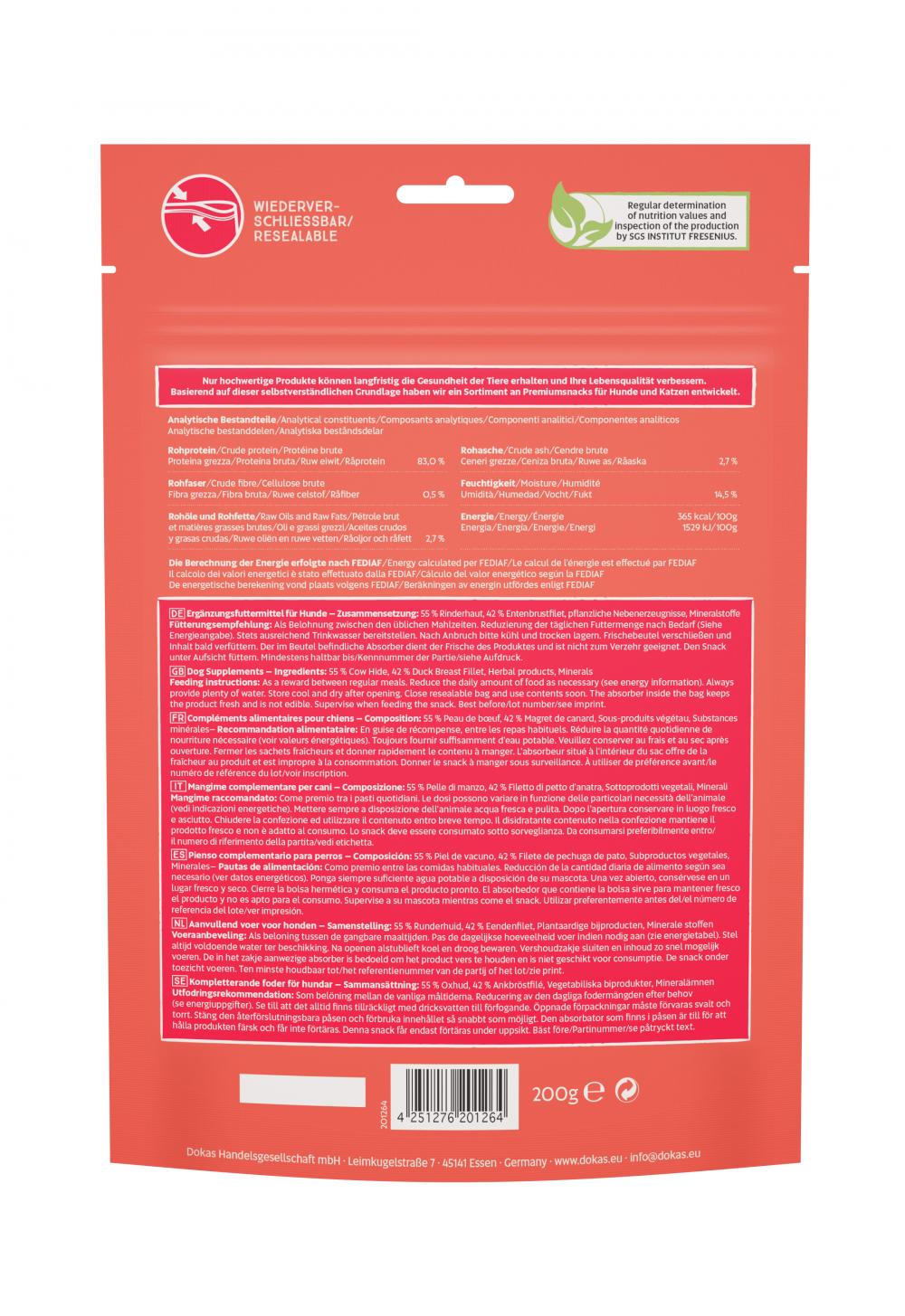 Rückseite der DOKAS Kaustange mit Entenbrust 200g Verpackung mit detaillierten Inhaltsstoffen und Fütterungsempfehlung für Hundesnacks.