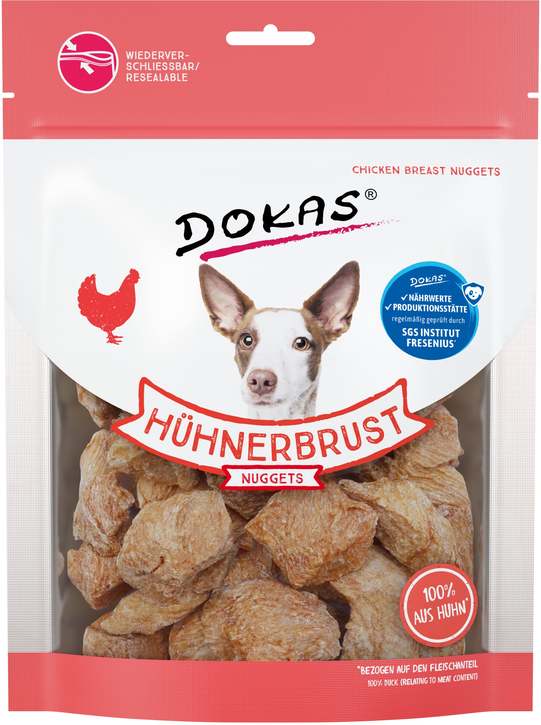 DOKAS Hühnerbrust Nuggets 110g Hundesnack in wiederverschließbarer Verpackung mit getrockneten Hähnchenstücken für Hunde. Ideal als proteinreicher Leckerbissen.
