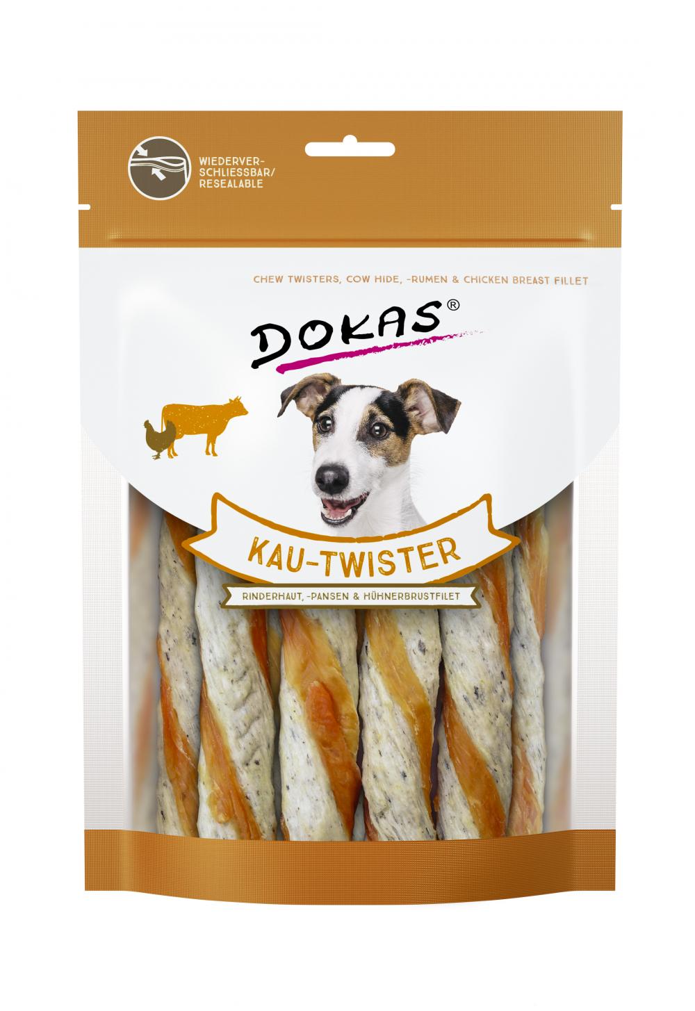 DOKAS Kau-Twister aus Rinderhaut, Pansen & Hühnerbrust 200g in wiederverschließbarer Verpackung für Hunde. Hochwertiger Hundesnack mit natürlicher Proteinquelle.