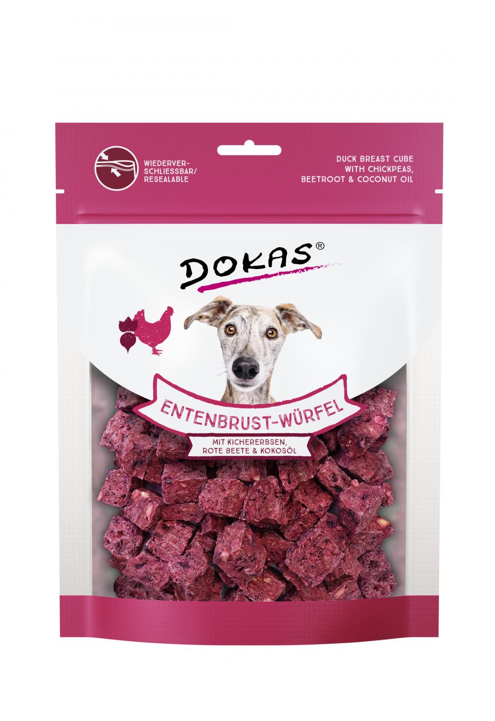 DOKAS Entenbrust-Würfel mit Kichererbsen, Rote Beete & Kokos 150g in wiederverschließbarer Verpackung für Hunde. Gesunder Hundesnack mit natürlichen Zutaten.