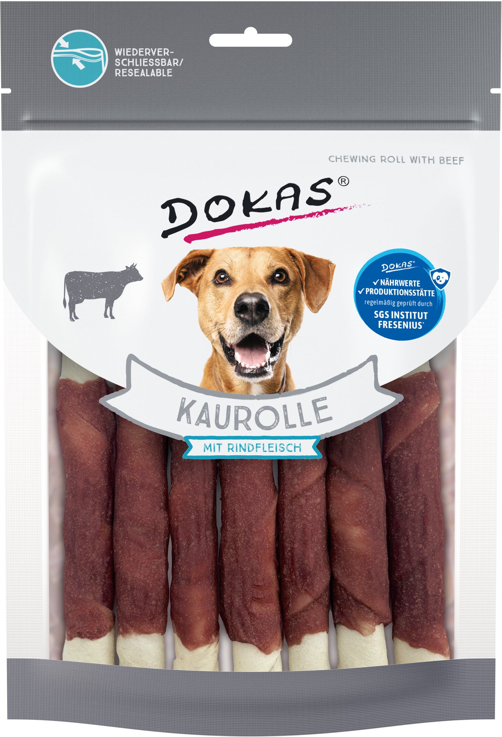 DOKAS Kaurolle mit Rindfleisch 190g Hundesnack in wiederverschließbarer Verpackung, ideal als Kauspaß für Hunde jeder Größe.