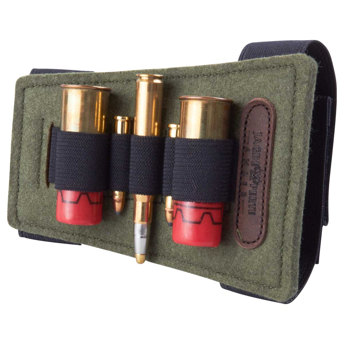 Grünes Schaft-Patronenetui Filz Bockdrilling mit elastischen Haltern für verschiedene Munitionsarten, funktional und robust für Jäger.