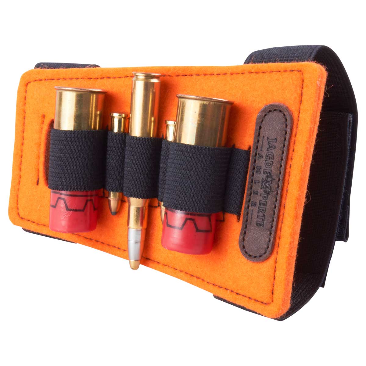 Schaft-Patronenetui Filz Bockdrilling in Signalorange für bessere Sichtbarkeit, ideal für Sicherheit bei der Drückjagd.