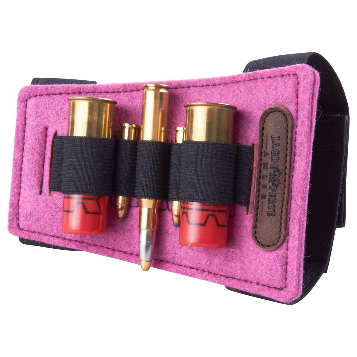 Schaft-Patronenetui Filz Bockdrilling in Pink mit schwarzem Gurtband, stilvolles und praktisches Zubehör für Jagdwaffen.