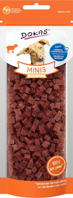 DOKAS Minis - Lammfleisch 70g Hundesnack in wiederverschließbarer Verpackung mit kleinen, würfelförmigen Leckerli aus 100% Lammfleisch.