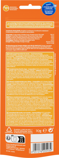 Rückseite der DOKAS Minis - Lammfleisch 70g Hundesnacks mit Nährwertangaben, Fütterungsempfehlung und Produktinformationen für Hundehalter.