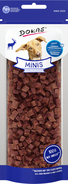 DOKAS Minis - Hirschfleisch 60g Hundesnack in wiederverschließbarer Verpackung mit kleinen Würfeln aus 100% Hirschfleisch, ideal als Belohnung.