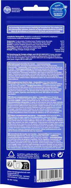 Rückseite der DOKAS Minis - Hirschfleisch 60g Hundesnacks mit detaillierten Angaben zu Inhaltsstoffen, Fütterungsempfehlung und Herstellerinformationen.