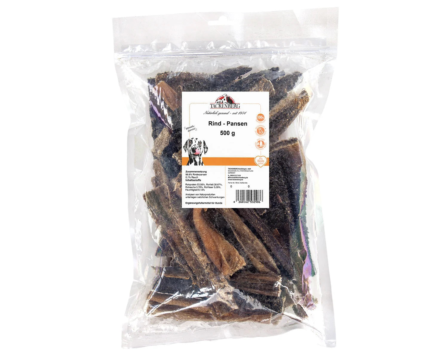 Trockenpansen vom Rind in transparenter 500g-Verpackung als natürlicher Hundesnack. Ideal für Hunde als gesunder Kausnack ohne Zusatzstoffe.