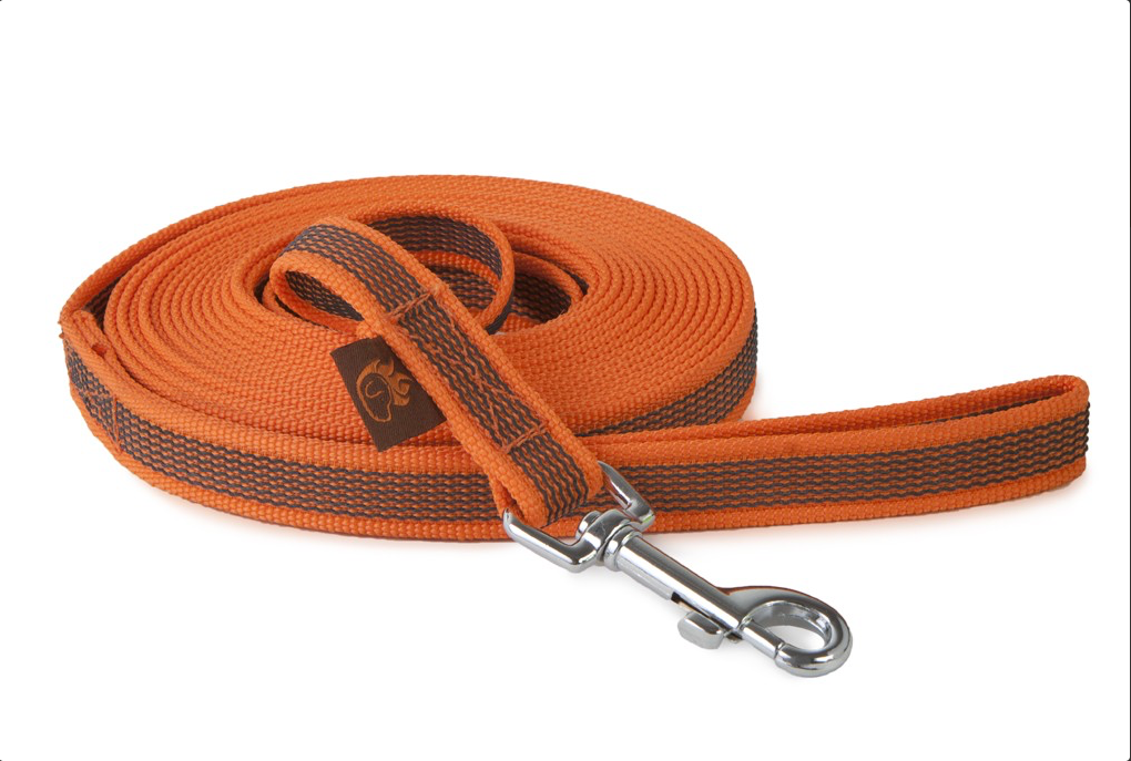 Orangefarbene gummierte Hundeleine mit grauen Details und starkem Karabiner, ideal für aktive Hunde und Outdoor-Abenteuer.