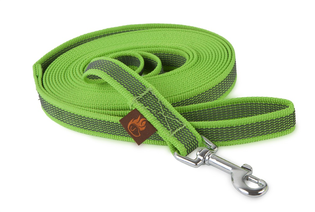 Grüne gummierte Hundeleine mit grauen Streifen, wetterfest und griffig für zuverlässige Kontrolle beim täglichen Gassigehen.
