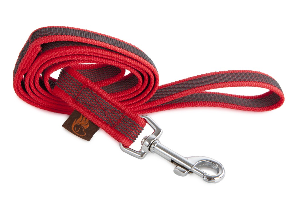 Rote gummierte Hundeleine mit grauen Streifen, ergonomisch und griffig für komfortable Kontrolle beim Spazierengehen mit dem Hund.