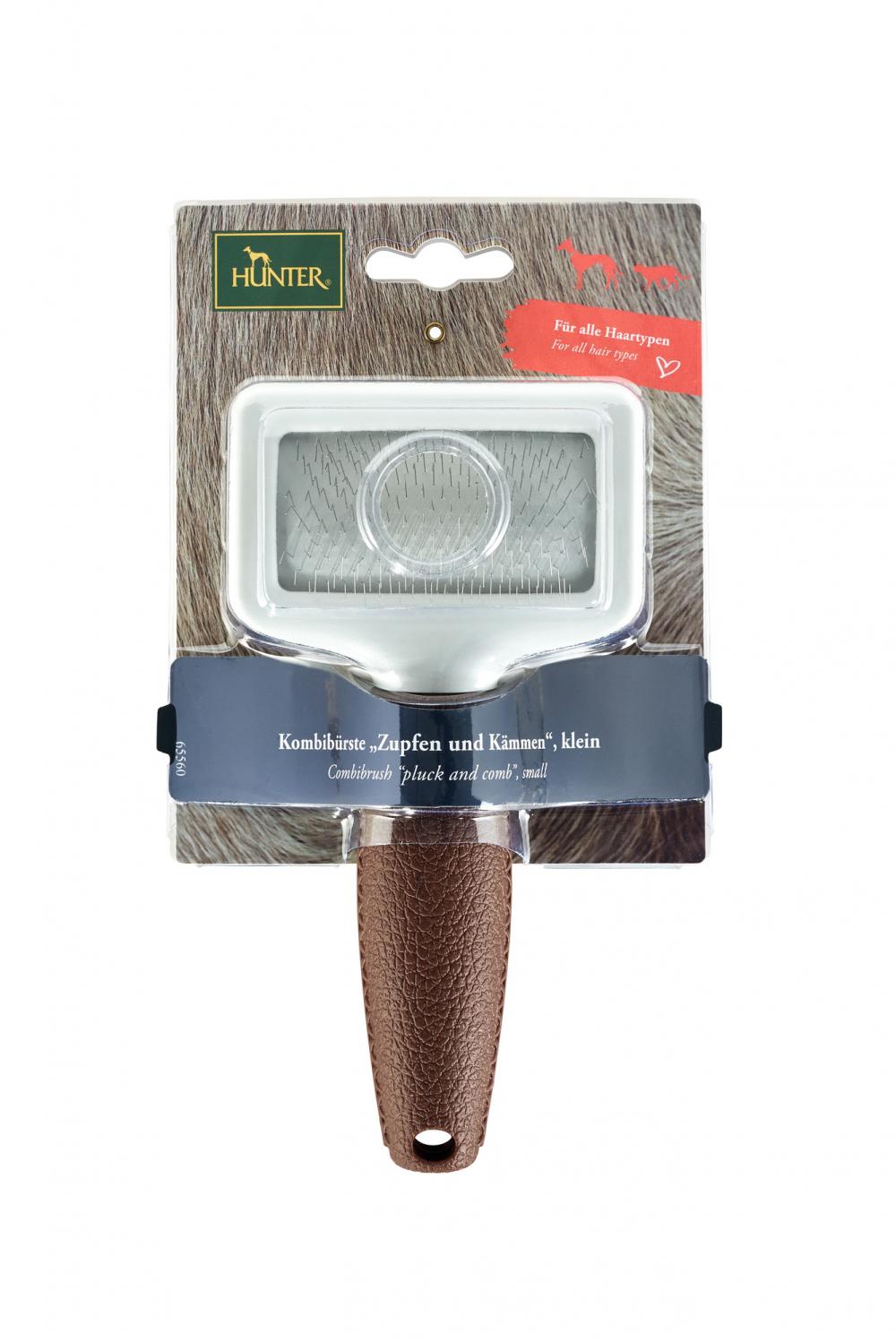 Verpackte HUNTER Kombibürste Spa 'Zupfen und Kämmen', kleine Größe, ideal für alle Haartypen bei Hunden.