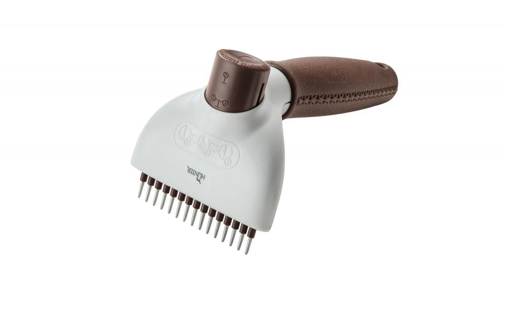 Rückansicht des HUNTER Entwirrungsstriegels Spa selbstreinigend mit Reinigungsmechanismus und ergonomischem Design für Haustierbedarf.