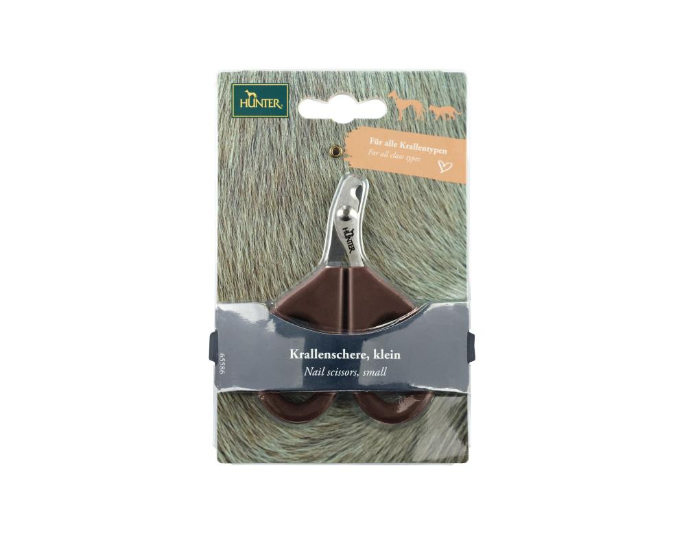 HUNTER Krallenschere Spa klein in Verkaufsverpackung mit Tiermotiv. Ideal für präzise Krallenpflege bei kleinen Hunden.