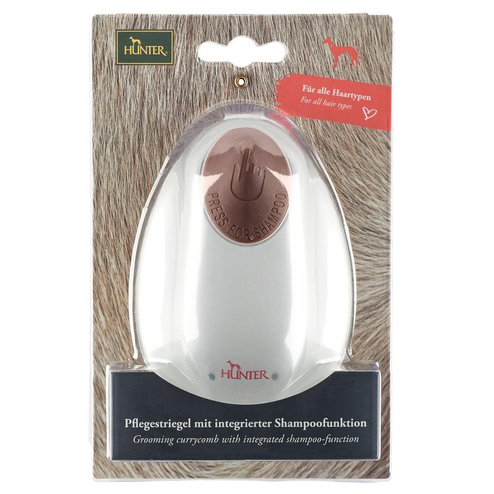 Verpackung des HUNTER Pflegestriegels mit Shampoofunktion für Hunde. Für alle Haartypen geeignet, ideal für die tägliche Fellpflege.