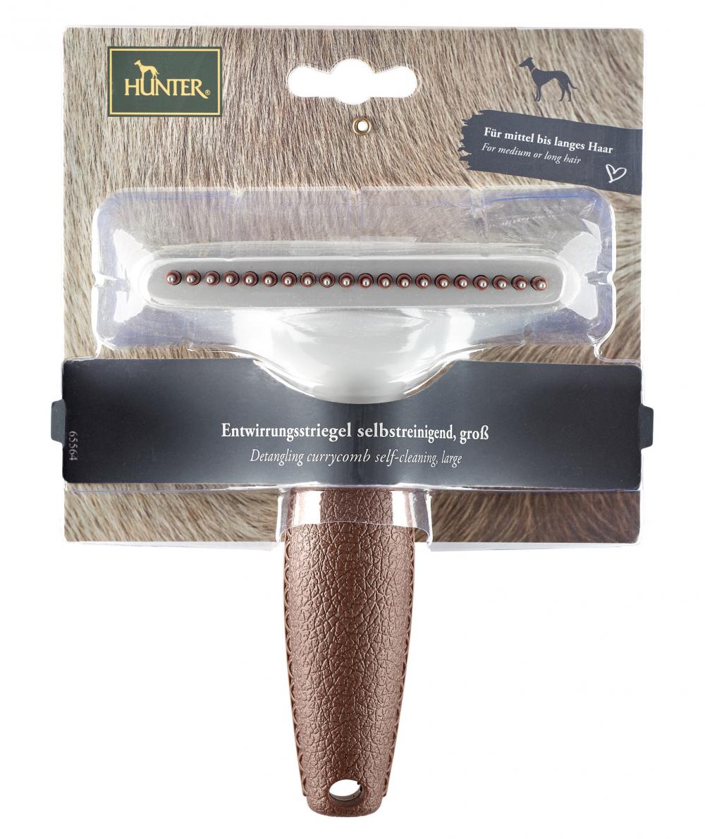 Verpackte Version des großen HUNTER Entwirrungsstriegels Spa selbstreinigend für Hunde mit langem Fell, ideal für professionelle Fellpflege.