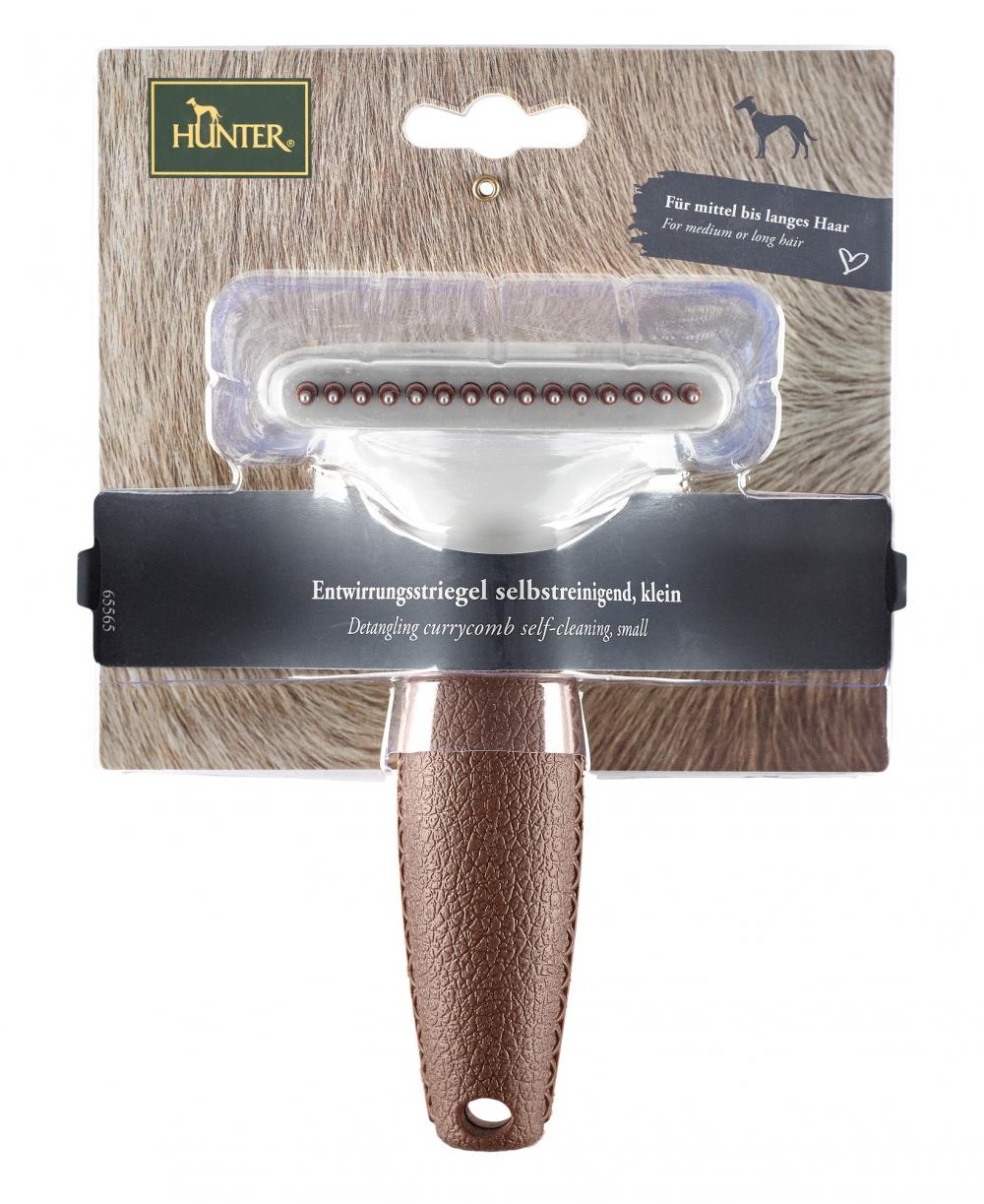 Kompakte Variante des HUNTER Entwirrungsstriegels Spa selbstreinigend in kleiner Größe, perfekt für präzise Pflege bei kleinen Hunderassen.