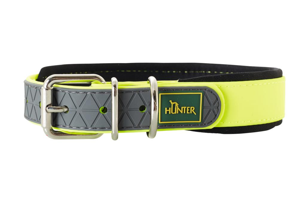 HUNTER Hundehalsband Convenience Comfort V2 neongelb mit reflektierendem Design, robustem Verschluss und weicher Polsterung für Hunde.