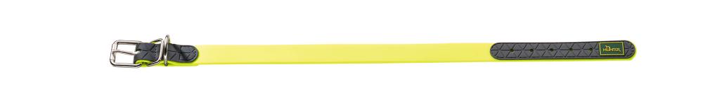 Langes HUNTER Hundehalsband Convenience in Neongelb mit grauem Detailbereich und robuster Metallschnalle für sicheren Halt.