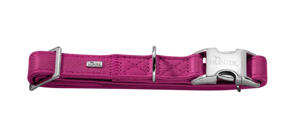 HUNTER Halsband Capri Alu-Strong himbeer aus robustem Leder mit silberner Aluminiumschnalle für Hunde. Hochwertiges Hundehalsband in Pink.