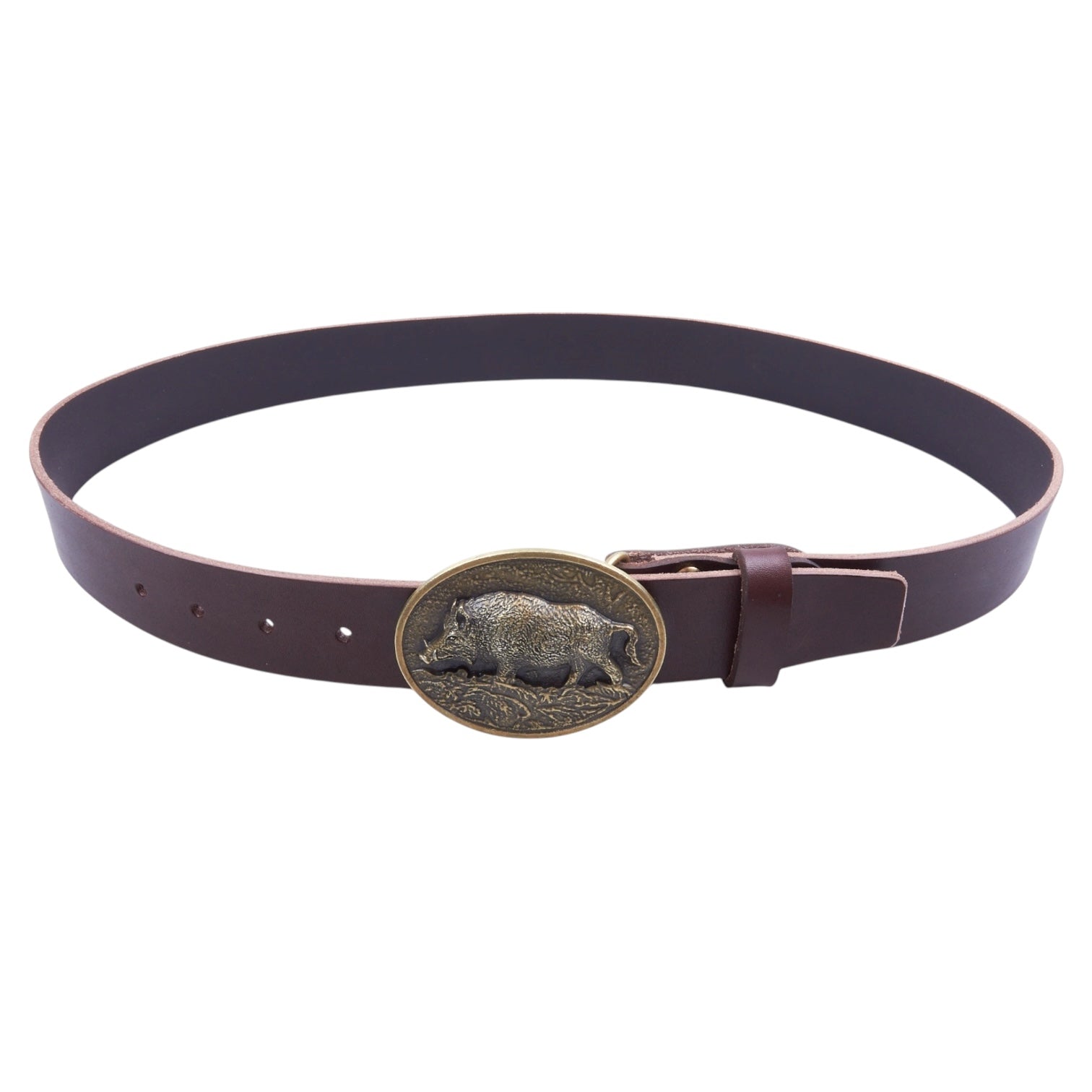 Ledergürtel „WildSau“ Braun mit ovaler Messingschnalle und Wildschwein-Motiv, handgefertigt aus robustem Rindleder für Jäger & Naturfreunde.