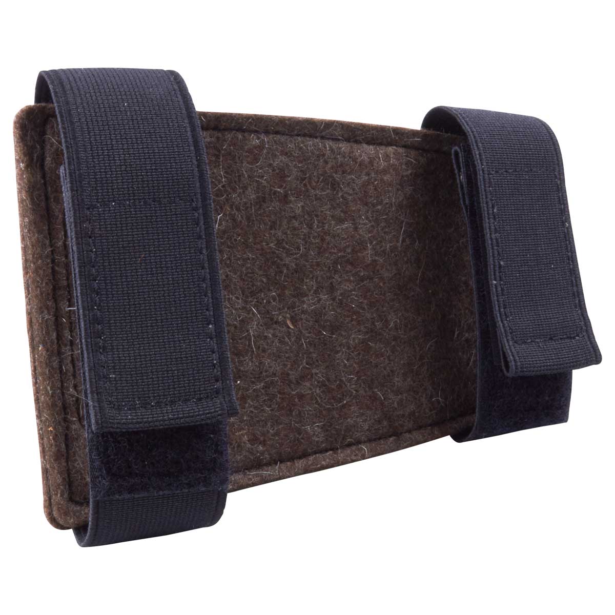 Rückseite des Schaft-Patronenetuis Filz Bockdrilling mit breiten Klettverschlüssen zur sicheren Befestigung am Gewehrschaft.