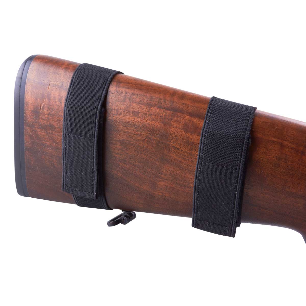 Gewehrschaft mit montiertem Schaft-Patronenetui Filz Bockdrilling, zeigt stabile Klettbefestigung für sicheren Halt bei der Jagd.